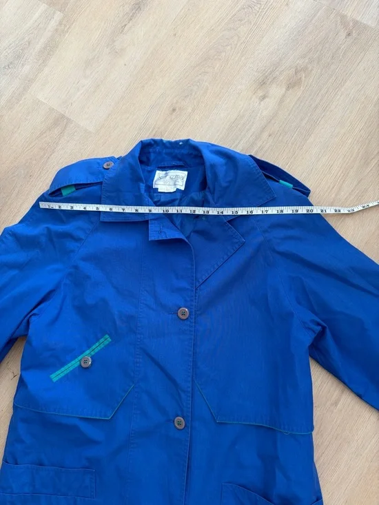 Vintage Bold Royal Blue Long Trench Coat with Green Accent Size Medium - Picture 8 of 11